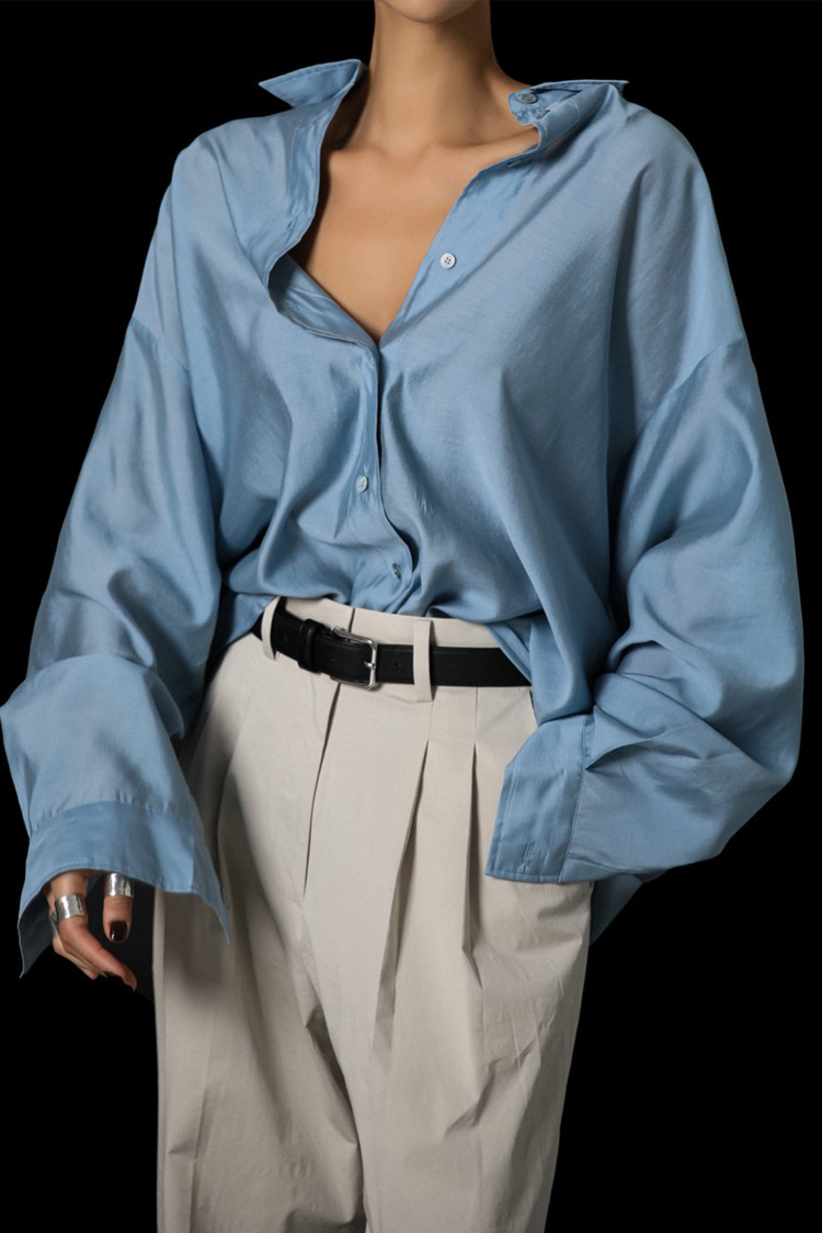 코코로 엠(cocoro-m),(블루) 쉬어 실키 클래식 버튼 다운 셔츠